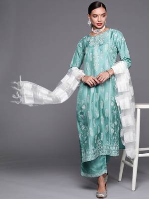 Indo Era Sea Green Foil Printed Straight Kurta Palazzo With Dupatta Set 1