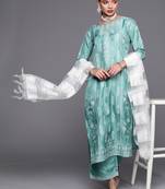 Indo Era Sea Green Foil Printed Straight Kurta Palazzo With Dupatta Set
