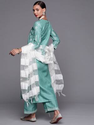 Indo Era Sea Green Foil Printed Straight Kurta Palazzo With Dupatta Set 2