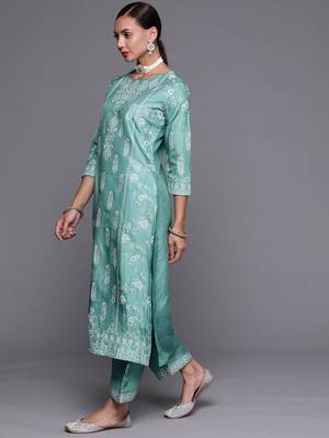 Indo Era Sea Green Foil Printed Straight Kurta Palazzo With Dupatta Set 3
