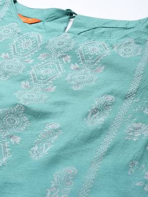 Indo Era Sea Green Foil Printed Straight Kurta Palazzo With Dupatta Set 4