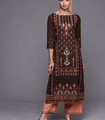 Indo Era Brown Foil Printed Straight Kurta With Palazzo Set