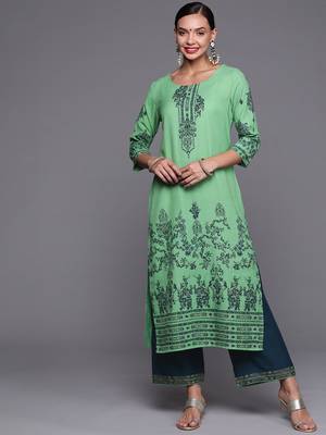 Indo Era Green Foil Printed Straight Kurta With Palazzo Set 1