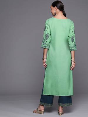 Indo Era Green Foil Printed Straight Kurta With Palazzo Set 2