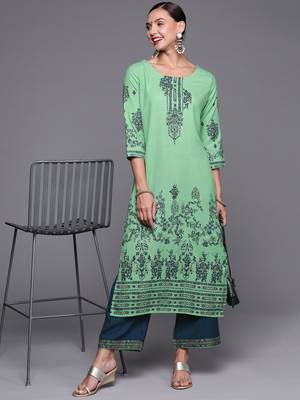 Indo Era Green Foil Printed Straight Kurta With Palazzo Set 4