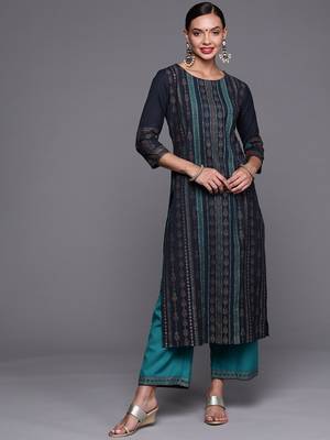 Indo Era Navy Blue Foil Printed Straight Kurta With Palazzo Set 1