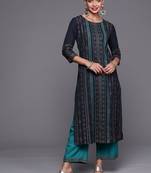 Indo Era Navy Blue Foil Printed Straight Kurta With Palazzo Set