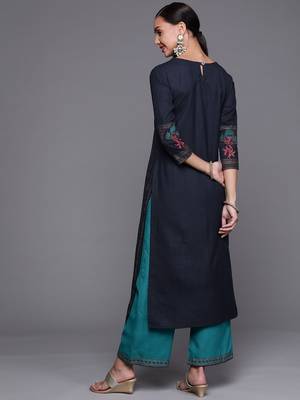 Indo Era Navy Blue Foil Printed Straight Kurta With Palazzo Set 2