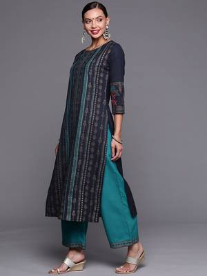 Indo Era Navy Blue Foil Printed Straight Kurta With Palazzo Set 3