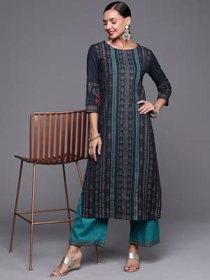 Indo Era Navy Blue Foil Printed Straight Kurta With Palazzo Set 4
