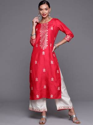 Indo Era Pink Foil Printed Straight Kurta With Palazzo Set 1
