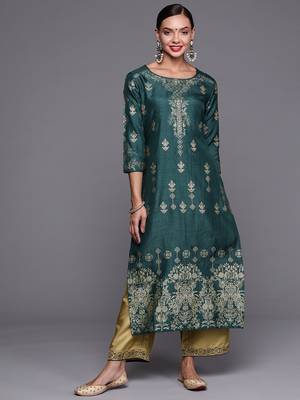 Indo Era Teal Foil Printed Straight Kurta With Palazzo Set 1