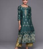 Indo Era Teal Foil Printed Straight Kurta With Palazzo Set