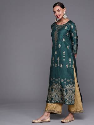 Indo Era Teal Foil Printed Straight Kurta With Palazzo Set 3