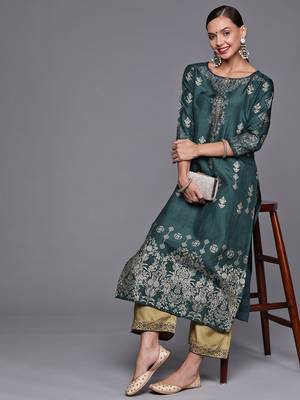 Indo Era Teal Foil Printed Straight Kurta With Palazzo Set 4