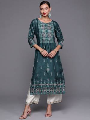 Indo Era Teal Foil Printed Straight Kurta With Palazzo Set 1
