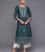 Indo Era Teal Foil Printed Straight Kurta With Palazzo Set