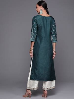 Indo Era Teal Foil Printed Straight Kurta With Palazzo Set 2