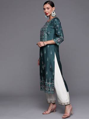 Indo Era Teal Foil Printed Straight Kurta With Palazzo Set 3