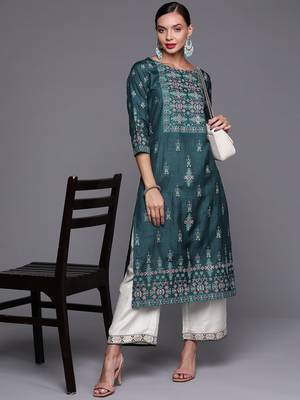 Indo Era Teal Foil Printed Straight Kurta With Palazzo Set 4