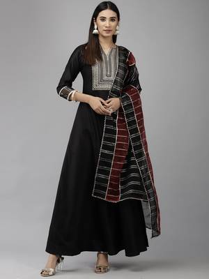 Indo Era Black Embroidered A-line Kurta Trouser With Dupatta Set 1