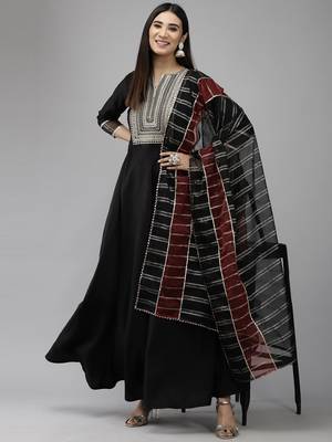 Indo Era Black Embroidered A-line Kurta Trouser With Dupatta Set 4