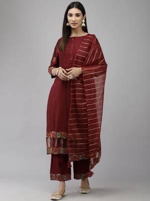 Indo Era Maroon Embroidered Straight Kurta Palazzo With Dupatta Set 1