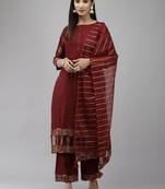 Indo Era Maroon Embroidered Straight Kurta Palazzo With Dupatta Set