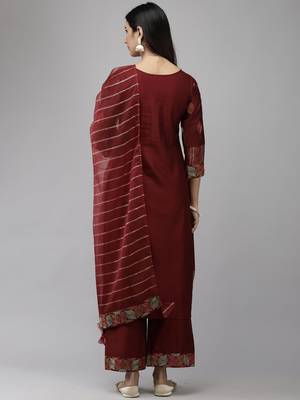 Indo Era Maroon Embroidered Straight Kurta Palazzo With Dupatta Set 2