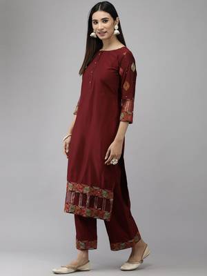 Indo Era Maroon Embroidered Straight Kurta Palazzo With Dupatta Set 3