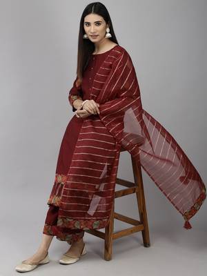 Indo Era Maroon Embroidered Straight Kurta Palazzo With Dupatta Set 4