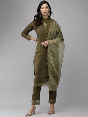 Indo Era Green Embroidered Straight Kurta Trouser With Dupatta Set 1