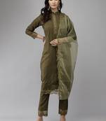 Indo Era Green Embroidered Straight Kurta Trouser With Dupatta Set