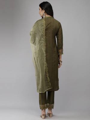 Indo Era Green Embroidered Straight Kurta Trouser With Dupatta Set 2