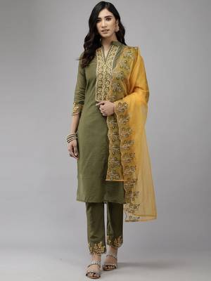 Indo Era Green Embroidered Straight Kurta Trouser With Dupatta Set 1