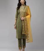 Indo Era Green Embroidered Straight Kurta Trouser With Dupatta Set