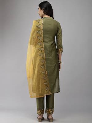 Indo Era Green Embroidered Straight Kurta Trouser With Dupatta Set 2