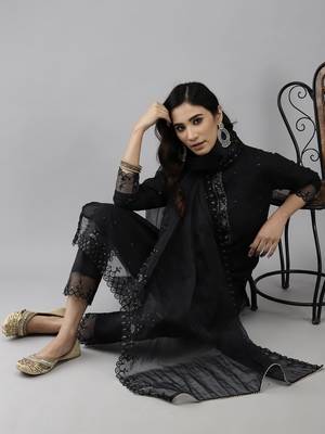 Indo Era Grey Embroidered Straight Kurta Trouser With Dupatta Set 4