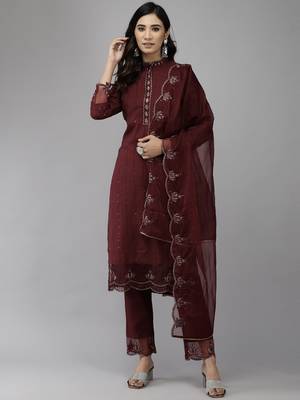 Indo Era Mauve Embroidered Straight Kurta Trouser With Dupatta Set 1
