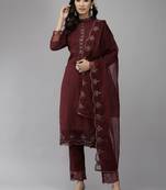 Indo Era Mauve Embroidered Straight Kurta Trouser With Dupatta Set