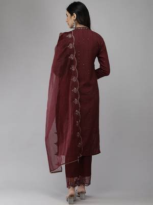 Indo Era Mauve Embroidered Straight Kurta Trouser With Dupatta Set 2