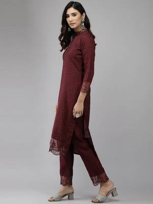 Indo Era Mauve Embroidered Straight Kurta Trouser With Dupatta Set 3