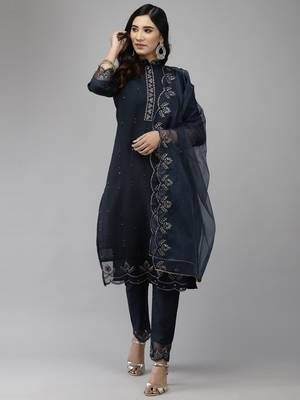 Indo Era Navy Blue Embroidered Straight Kurta Trouser With Dupatta Set 1