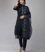 Indo Era Navy Blue Embroidered Straight Kurta Trouser With Dupatta Set