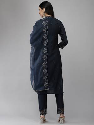 Indo Era Navy Blue Embroidered Straight Kurta Trouser With Dupatta Set 2