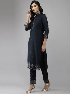 Indo Era Navy Blue Embroidered Straight Kurta Trouser With Dupatta Set 3