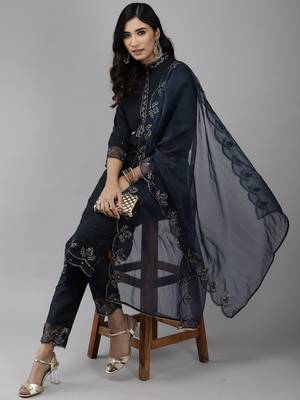 Indo Era Navy Blue Embroidered Straight Kurta Trouser With Dupatta Set 4