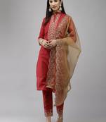 Indo Era Red Embroidered Straight Kurta Trouser With Dupatta Set