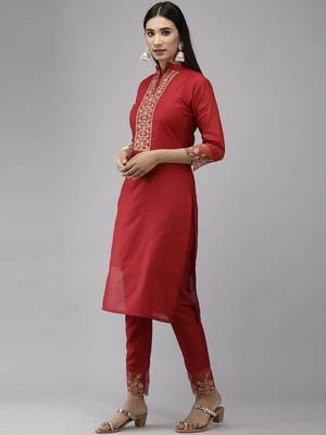 Indo Era Red Embroidered Straight Kurta Trouser With Dupatta Set 3