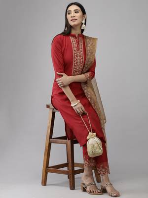 Indo Era Red Embroidered Straight Kurta Trouser With Dupatta Set 4